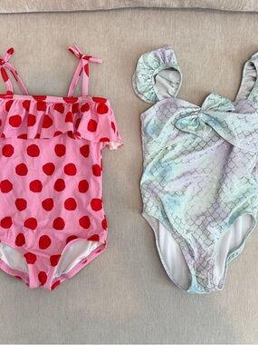 2 SWIMSUIT BUNDLE - Kids Pink Polka Dot One-Piece Swimsuit & Mermaid Swimsuit